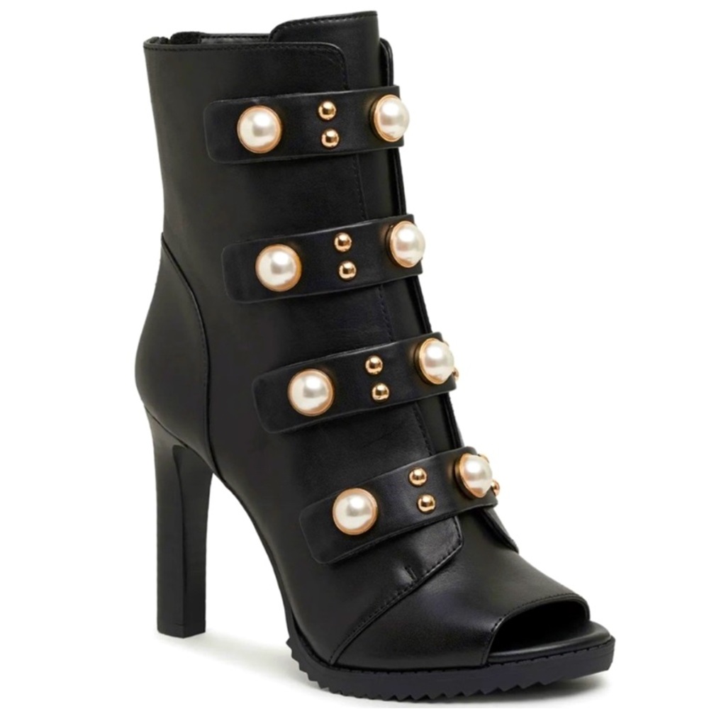 Karl Lagerfeld Brayden Embellished Boots Booties Open Peep Toe Zip Pearls Heel